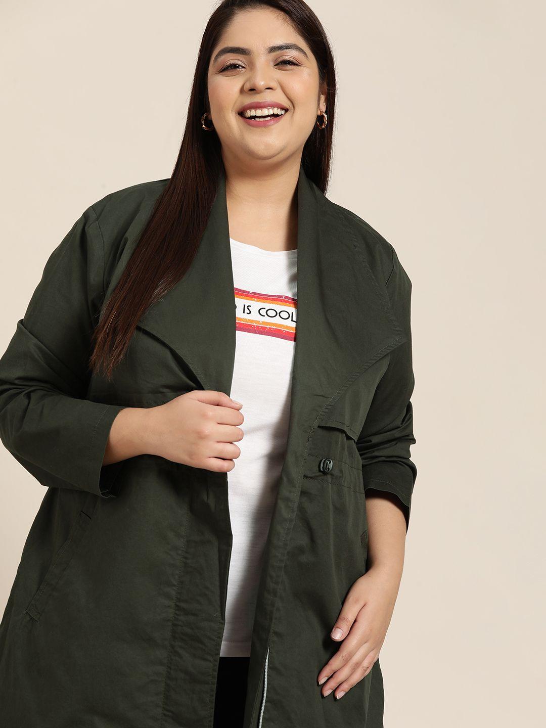 sztori women plus size olive green cotton solid hip-length overcoat