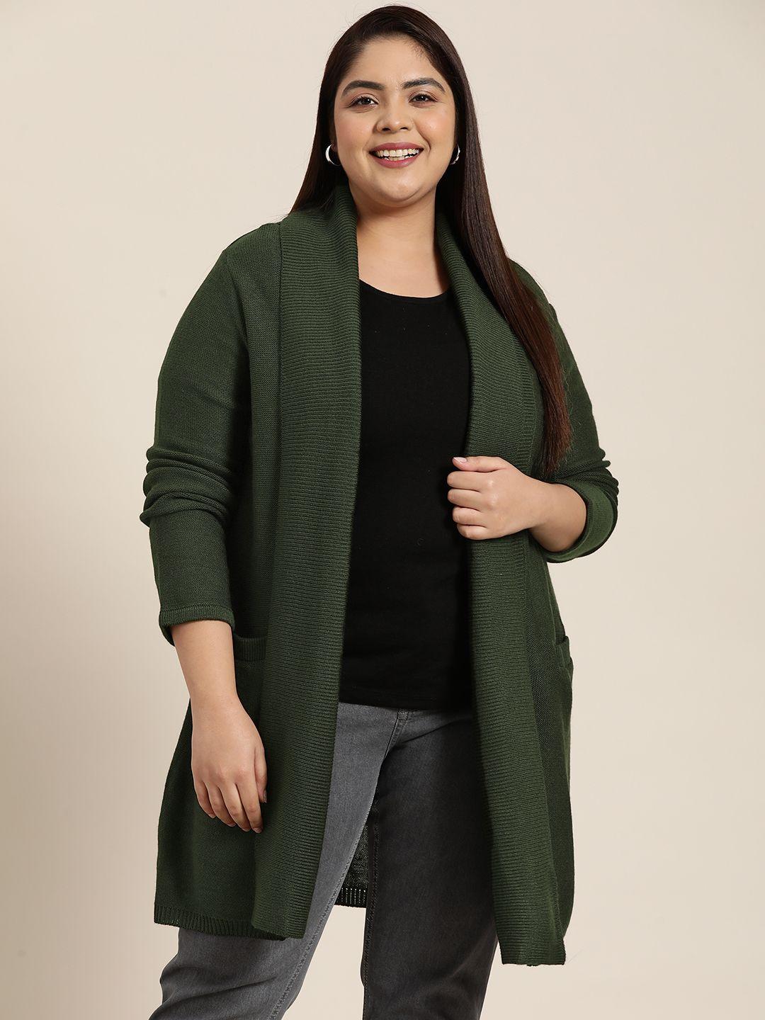 sztori women plus size olive green solid longline front-open sweater