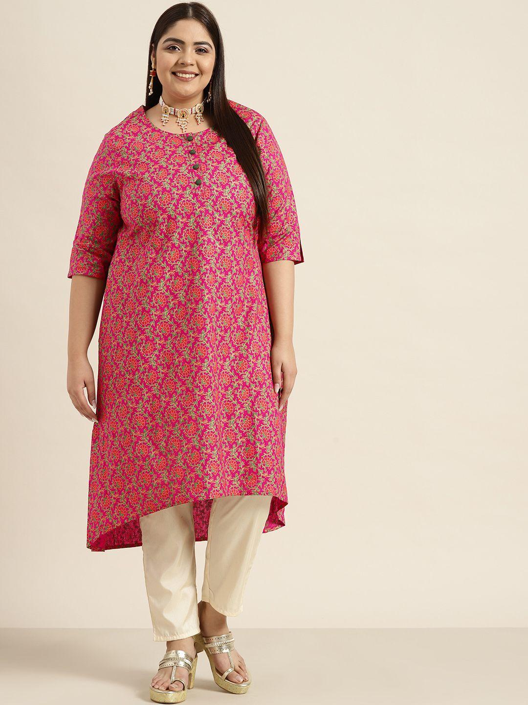 sztori women plus size pink & green pure cotton floral print high-low kurta