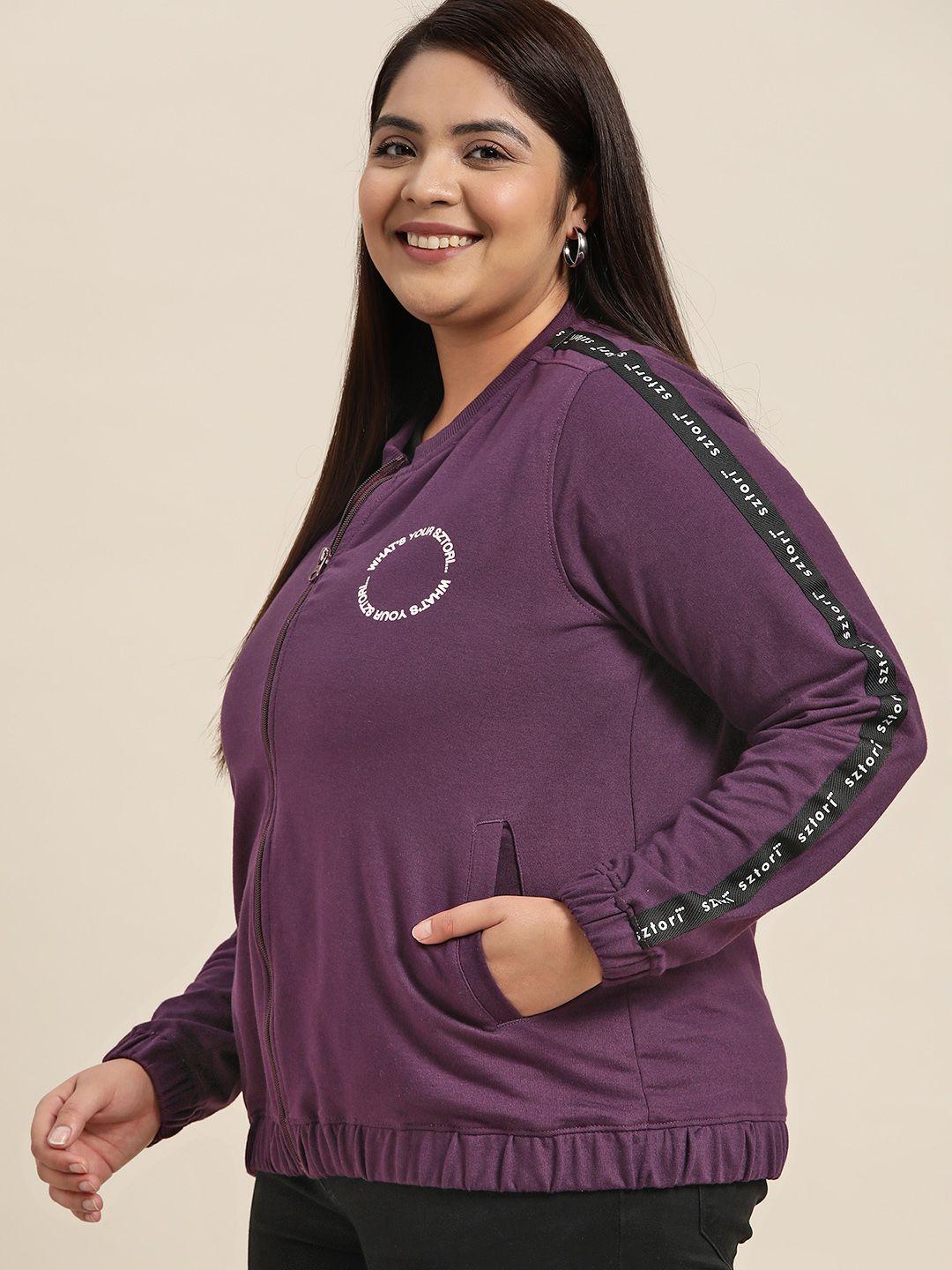 sztori women plus size purple solid mock collar front-open sweatshirt