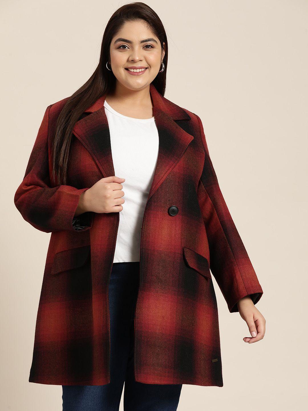 sztori women plus size red & black checked twill double-breasted longline coat