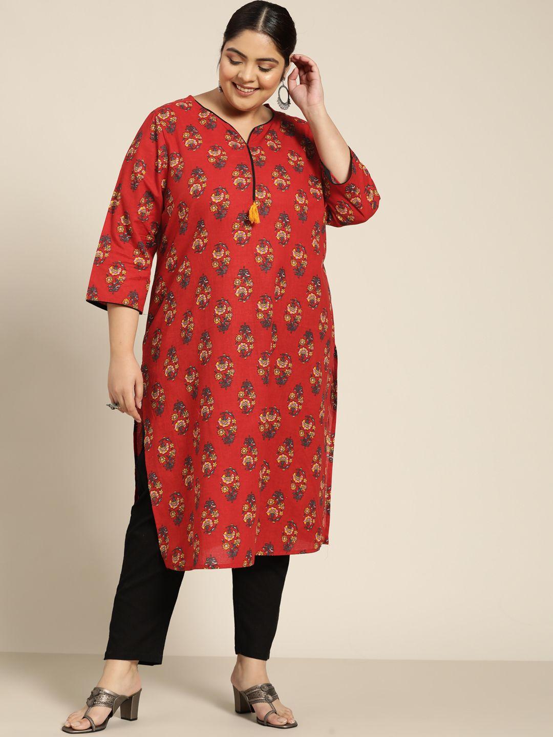 sztori women plus size red pure cotton ethnic motifs printed kurta