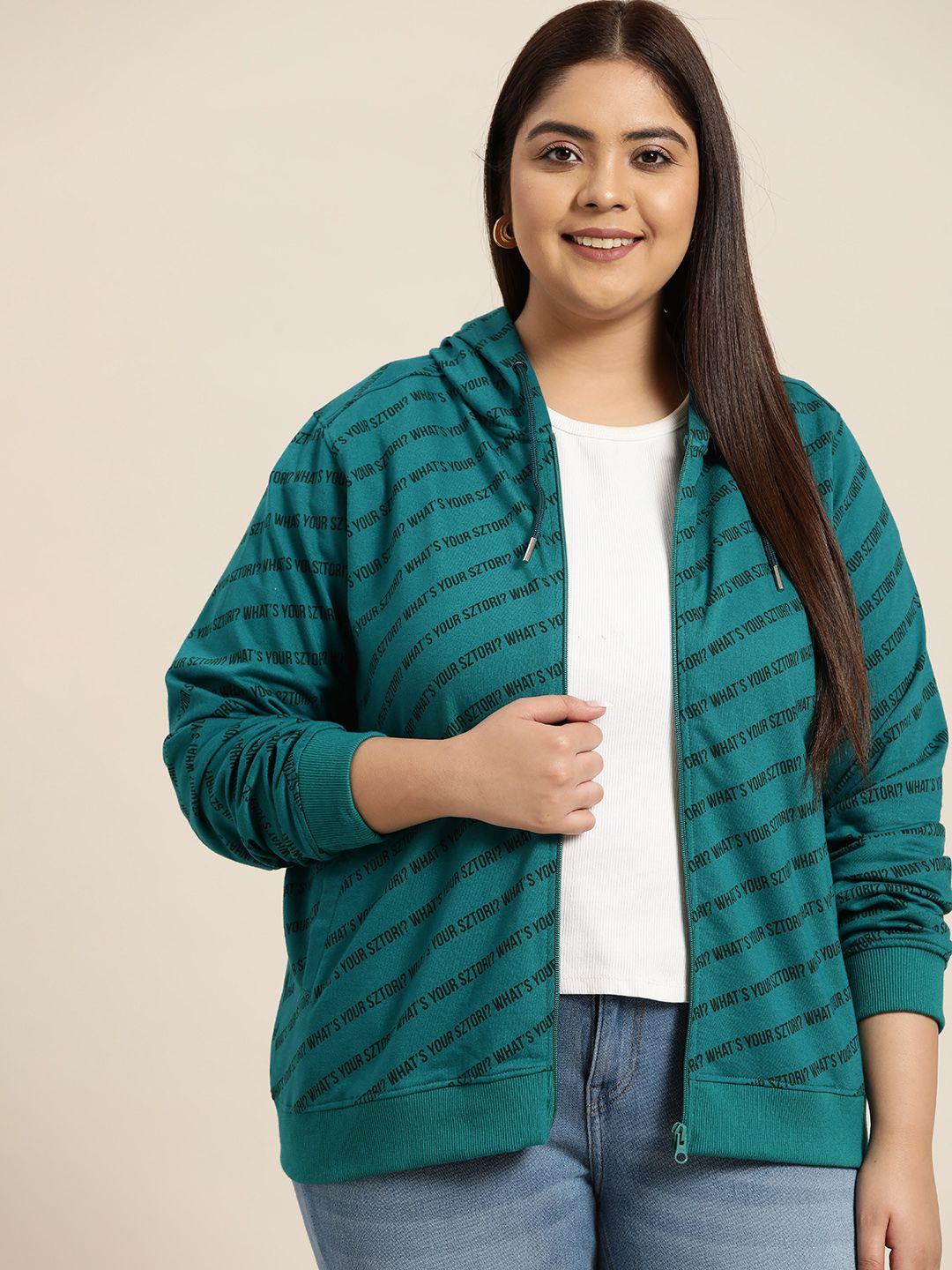 sztori women plus size teal blue printed hooded sweatshirt