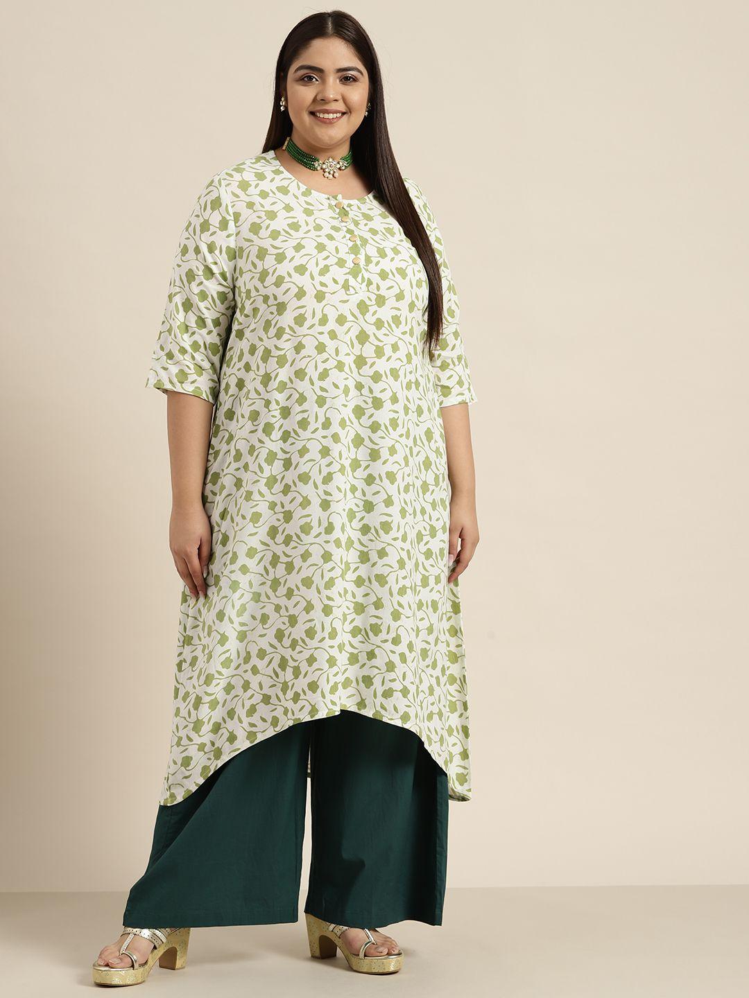 sztori women plus size white & green floral print high-low kurta