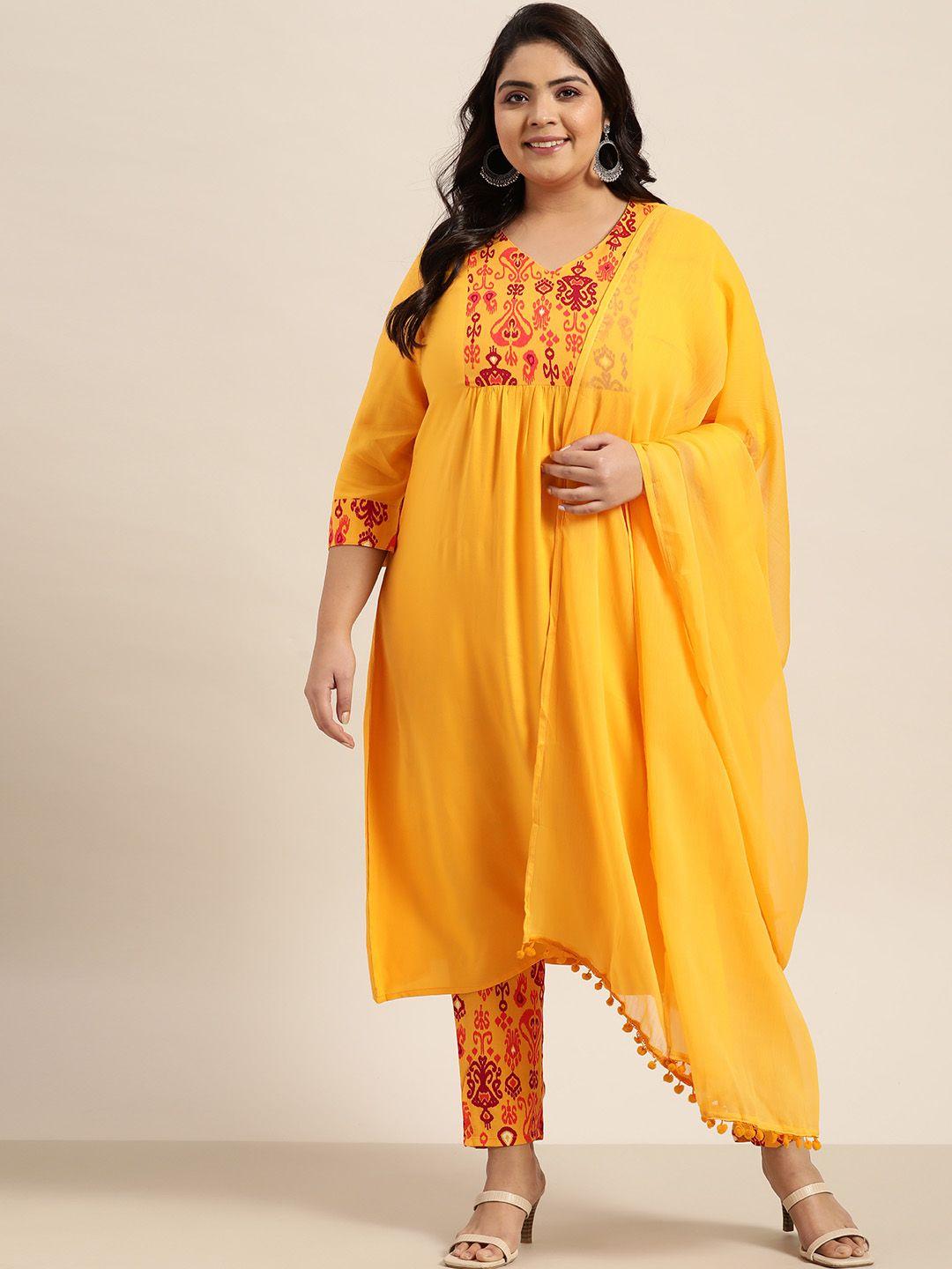 sztori women plus size yellow & maroon yoke design ecovero kurta set & dupatta