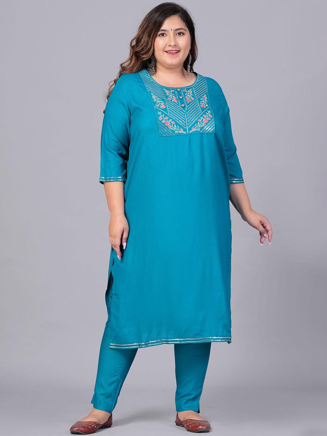 sztori women turquoise blue floral embroidered regular sequinned kurta with trousers