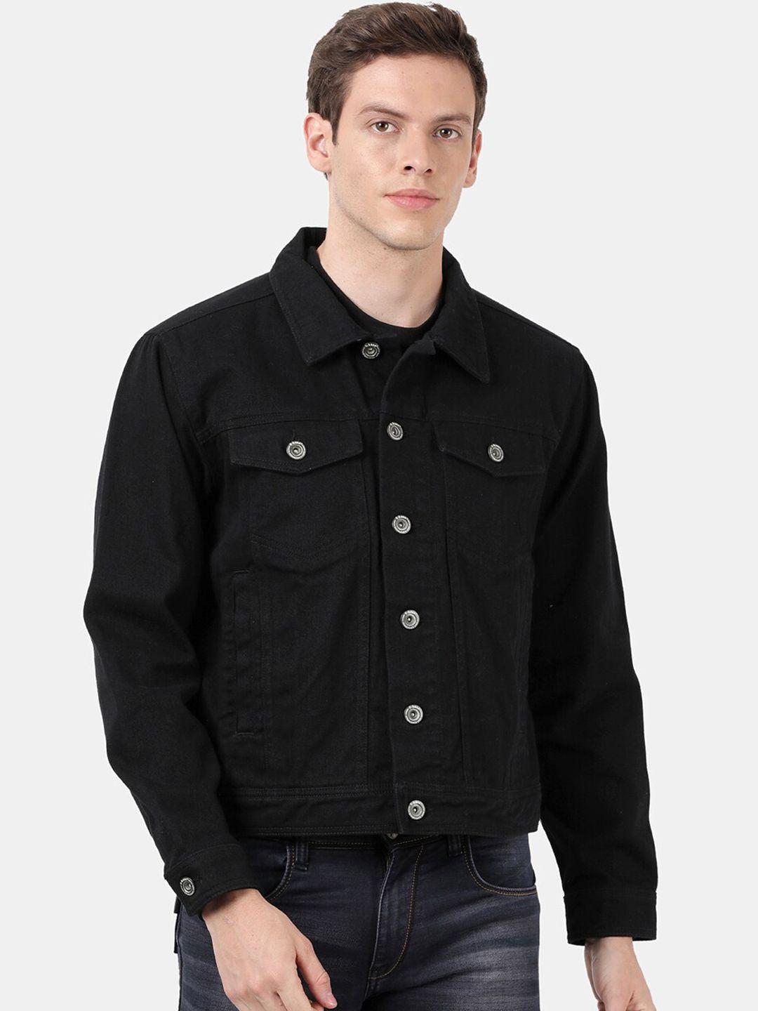 t-base men black full sleeve solid denim jacket