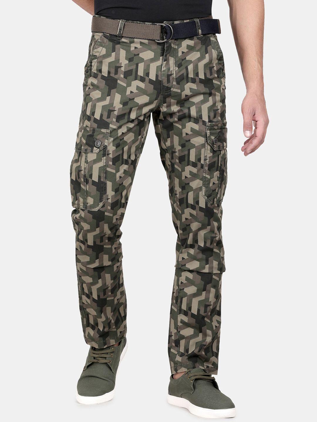 t-base men camouflage printed cotton easy wash mid-rise regular fit cargos trousers
