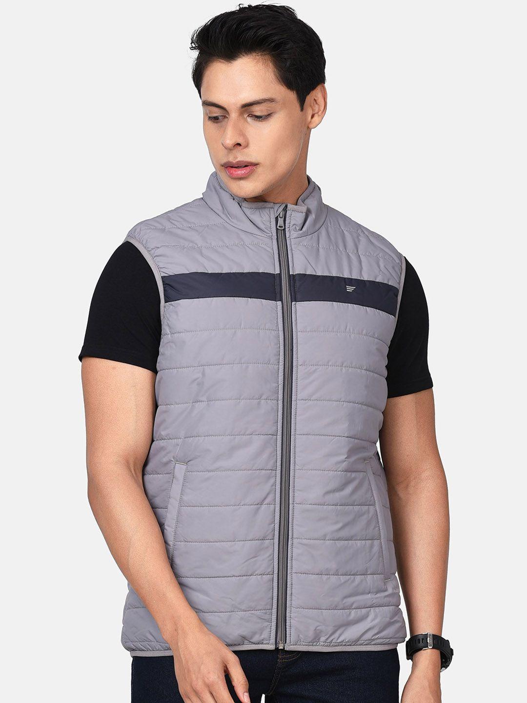 t-base men grey colourblocked lightweight padded jacket