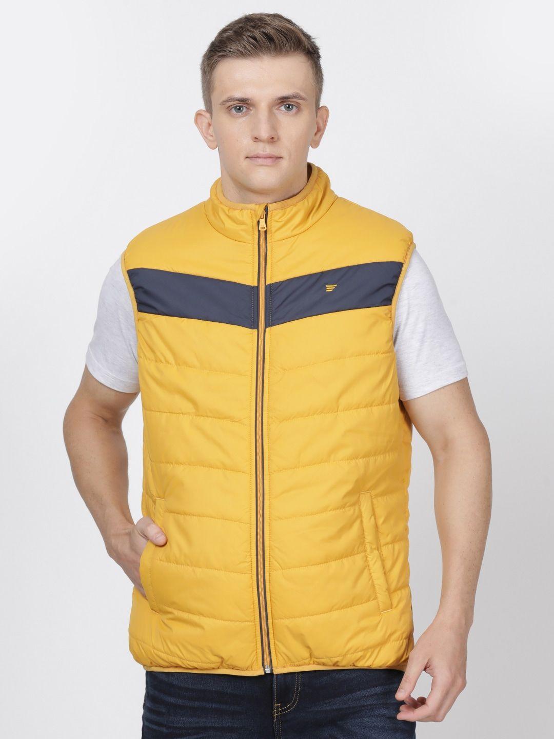 t-base men mustard yellow & navy solid lightweight puffer jacket