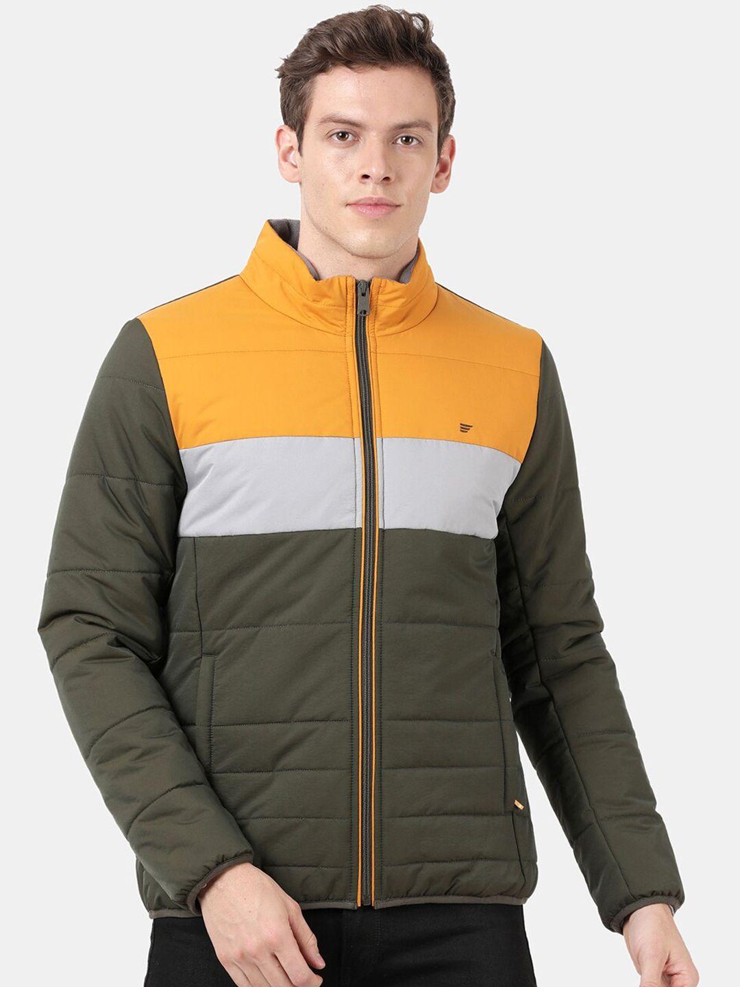 t-base men yellow colourblocked windcheater puffer jacket with patchwork