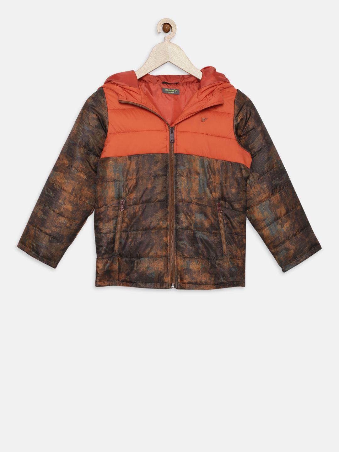 t-base boys brown printed lightweight puffer jacket