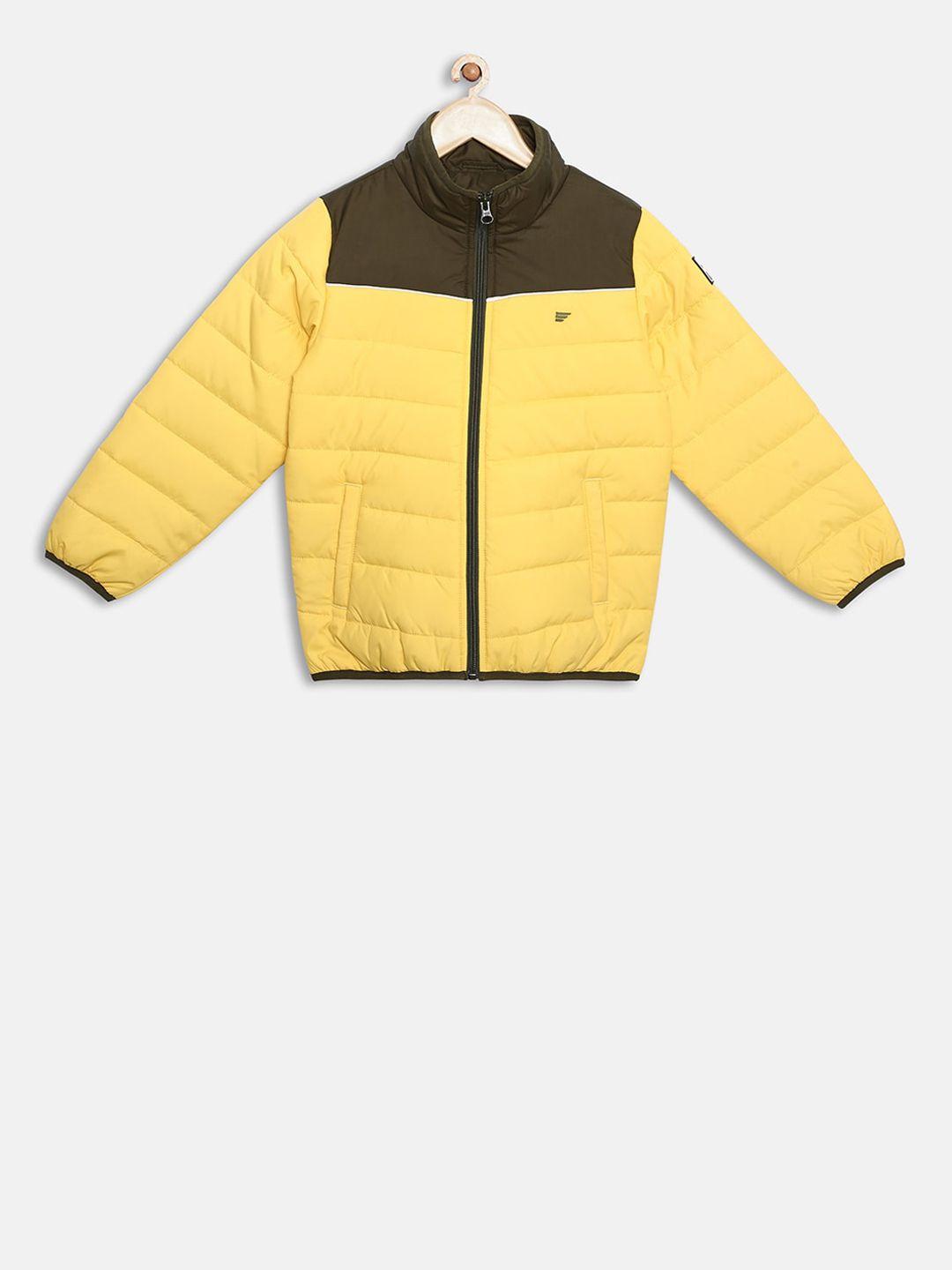 t-base kids yellow & brown colourblocked lightweight puffer jacket