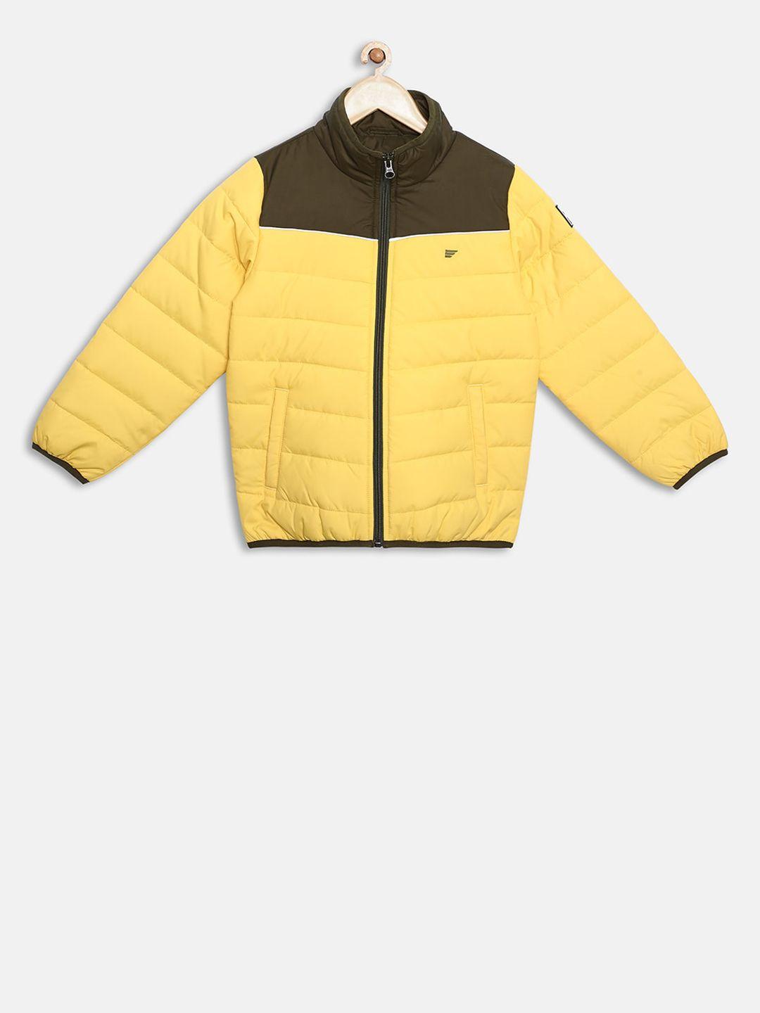 t-base kids yellow & brown colourblocked lightweight puffer jacket