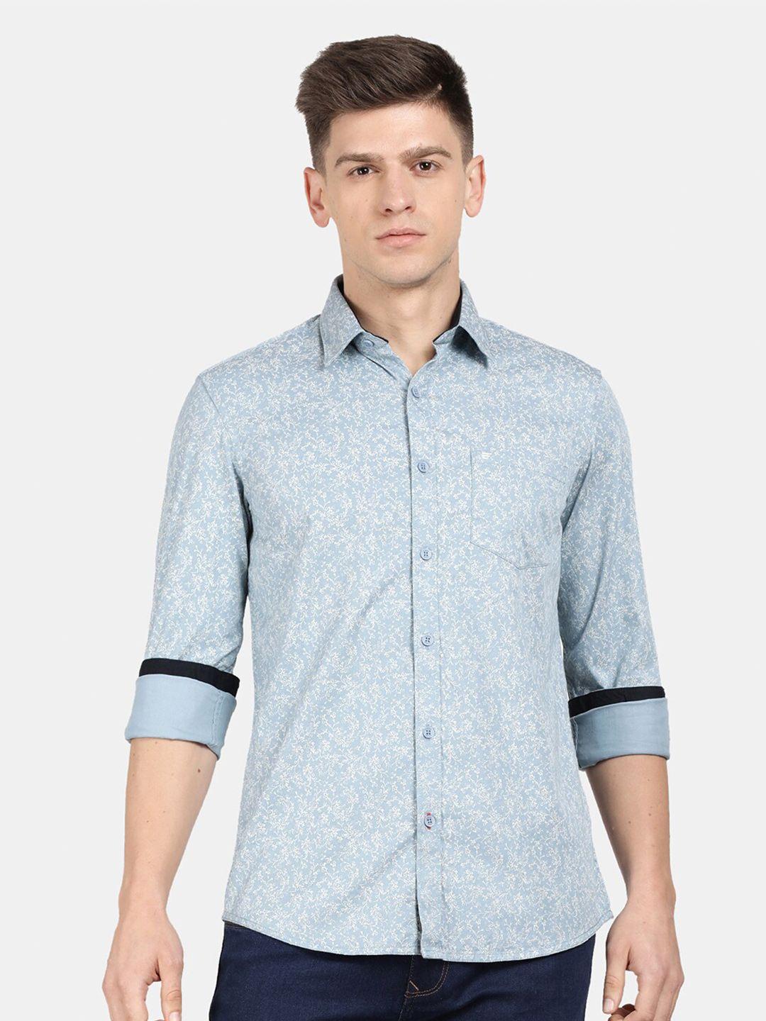 t-base men blue floral printed cotton casual shirt