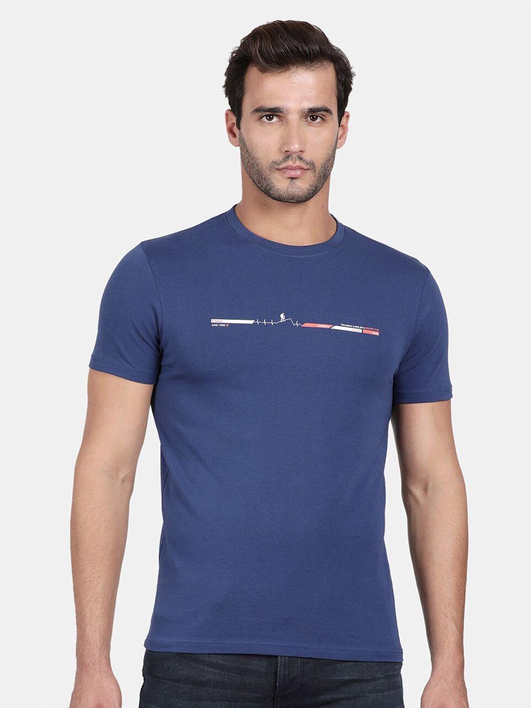 t-base men blue typography printed slim fit t-shirt
