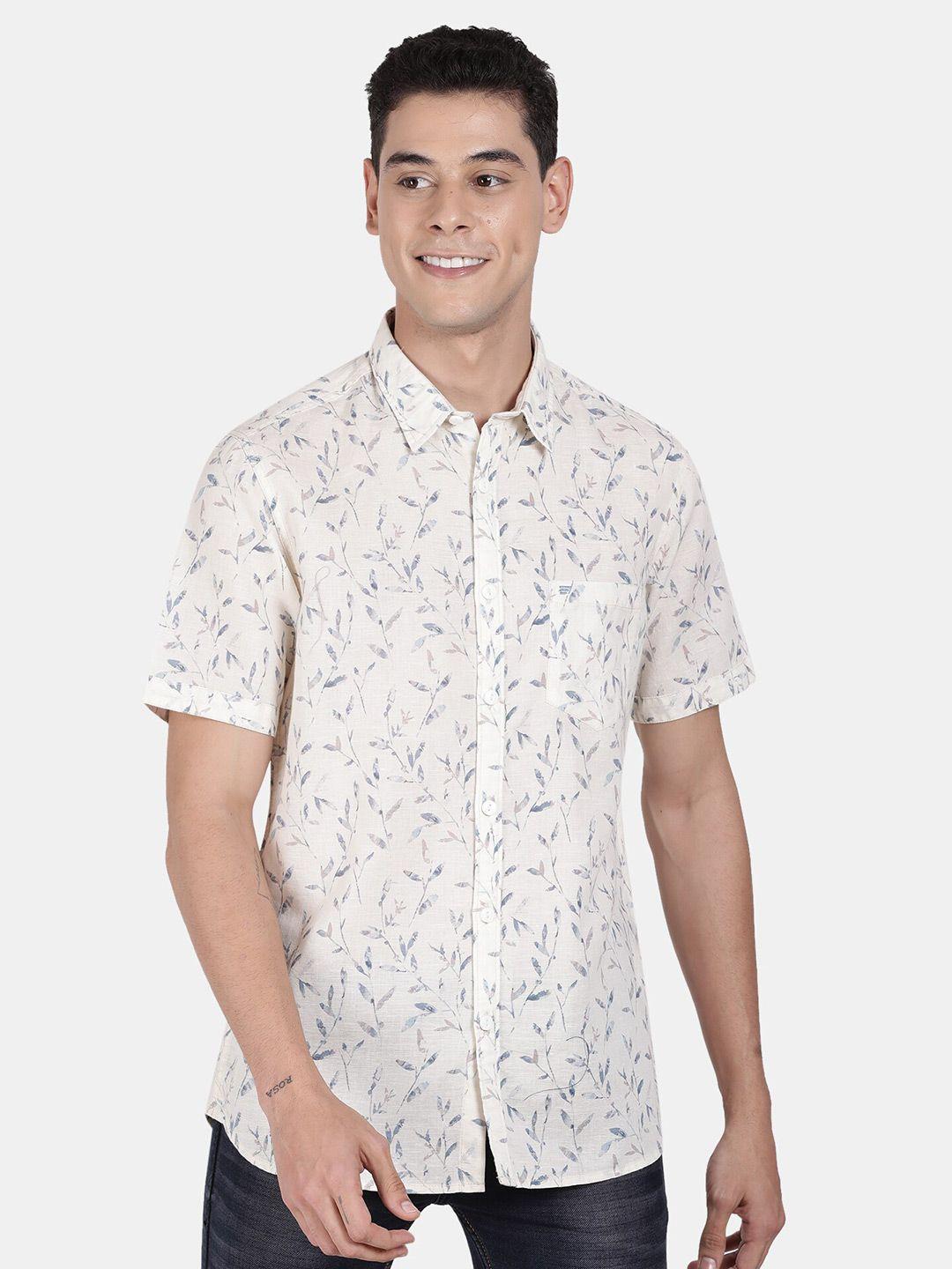 t-base men cream-coloured standard floral printed casual shirt