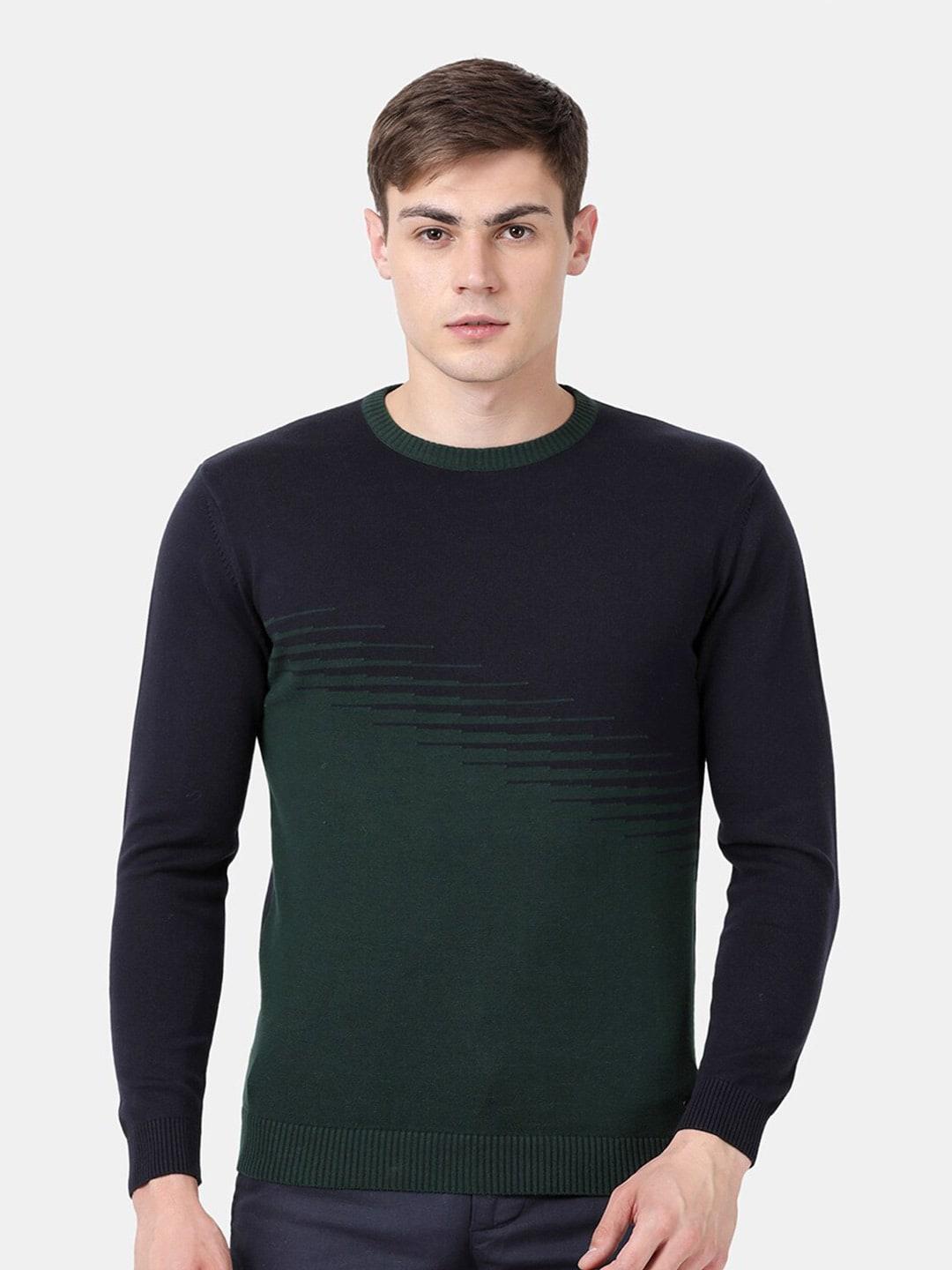 t-base men green & black colourblocked pullover