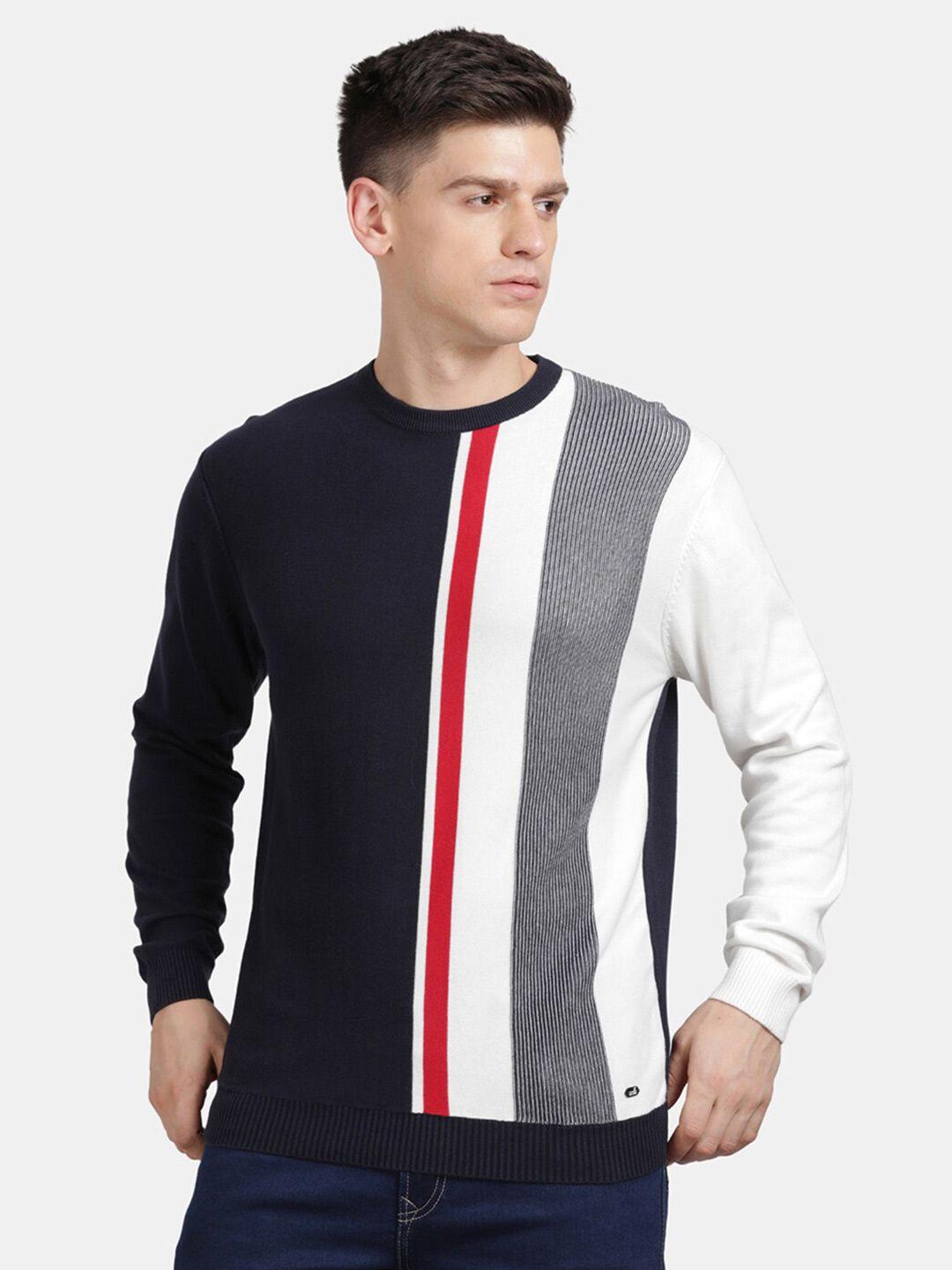 t-base men navy blue & white colourblocked pullover