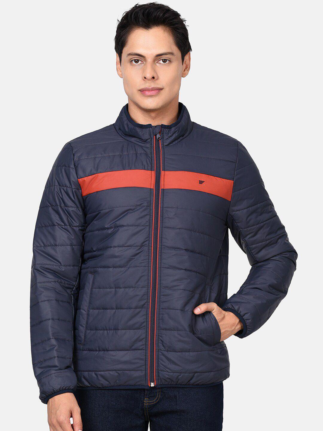 t-base men navy blue coral colourblocked windcheater puffer jacket