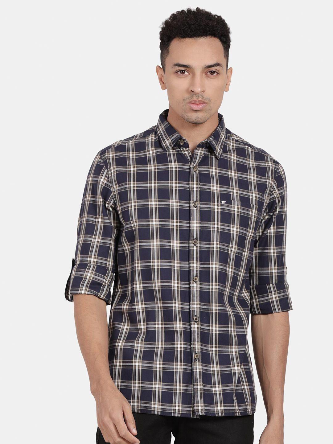 t-base men navy blue tartan checks opaque checked casual shirt