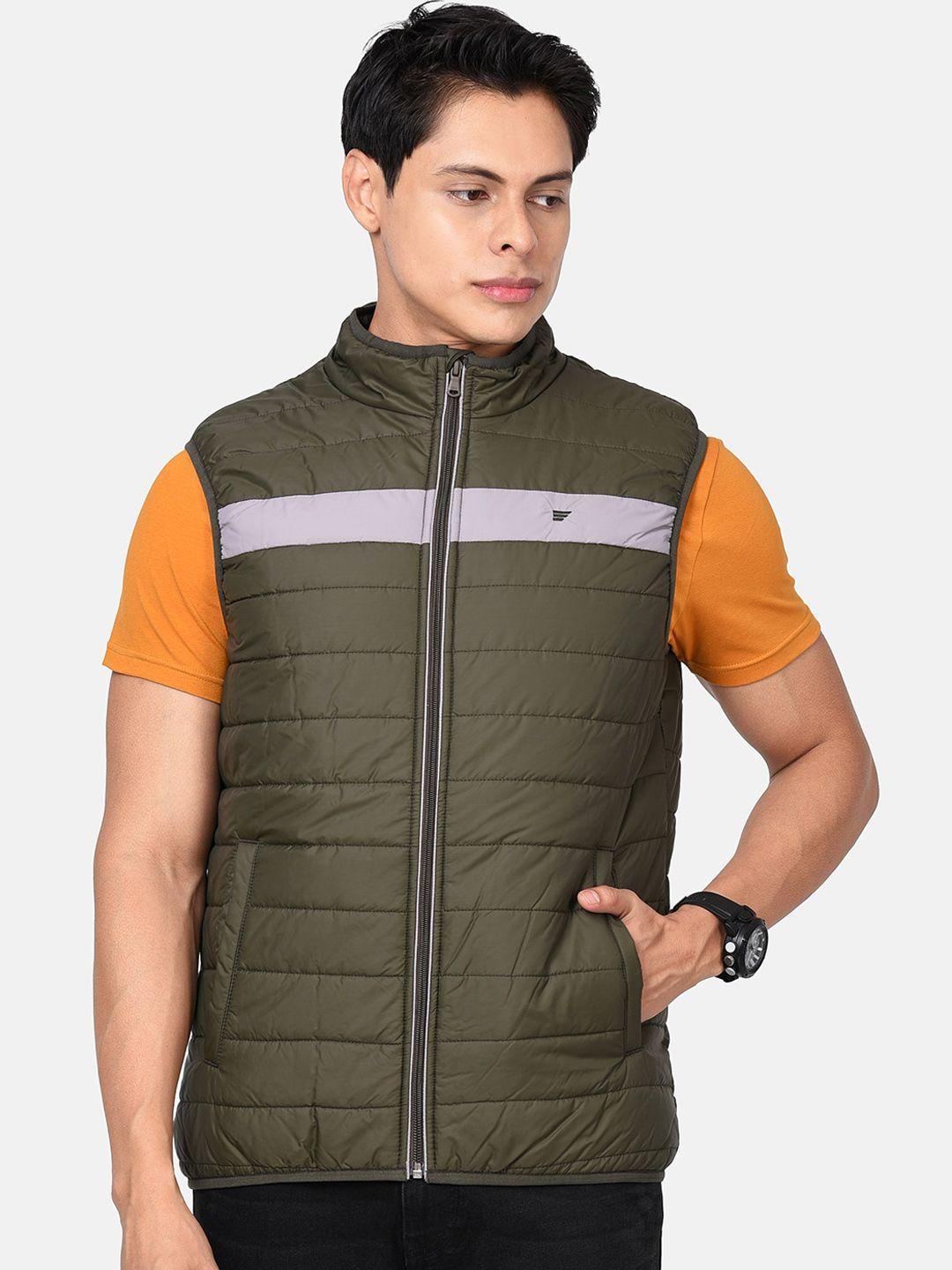 t-base men olive green & grey colourblocked lightweight puffer jacket