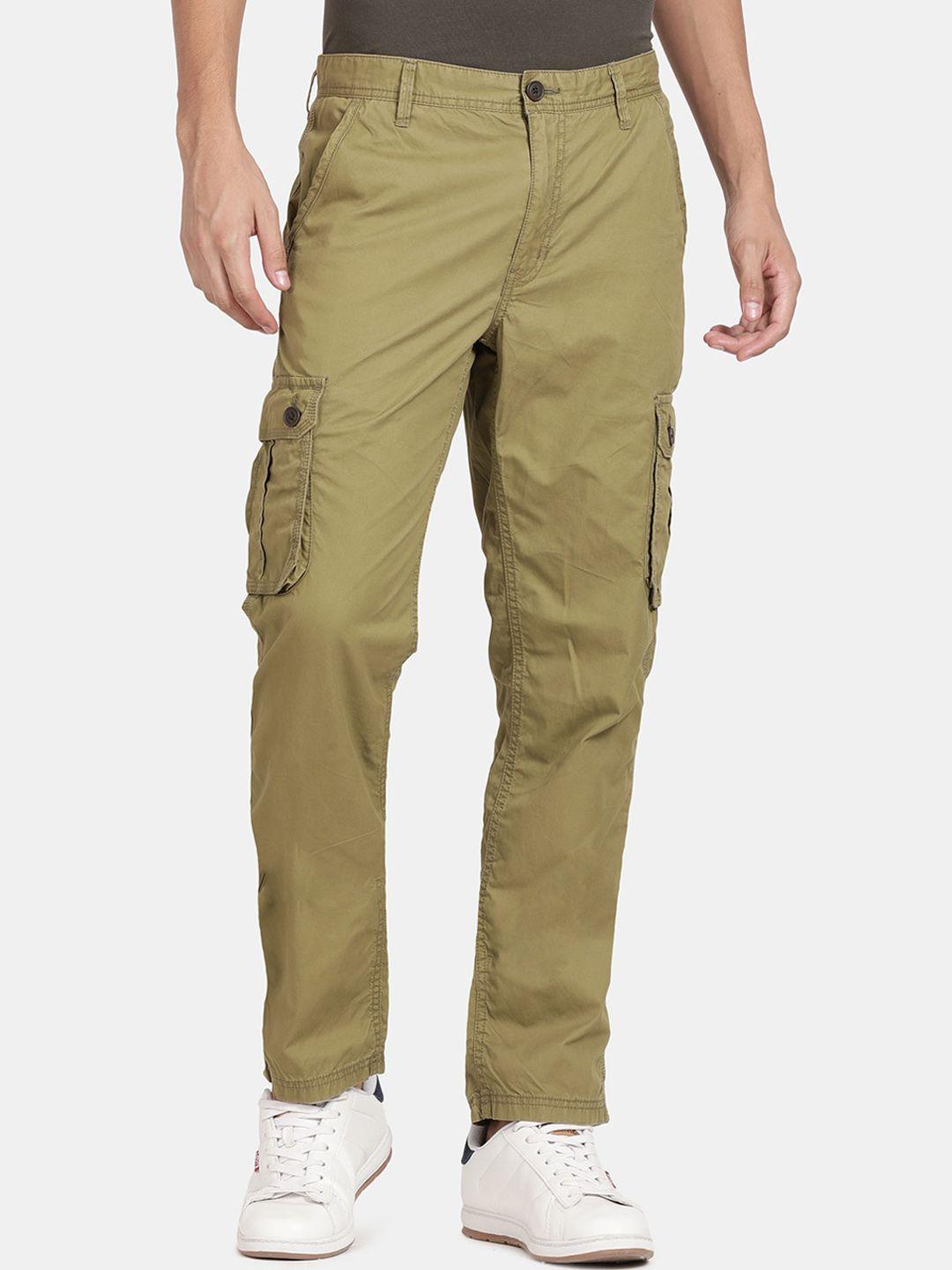 t-base men olive green easy wash cargos trousers