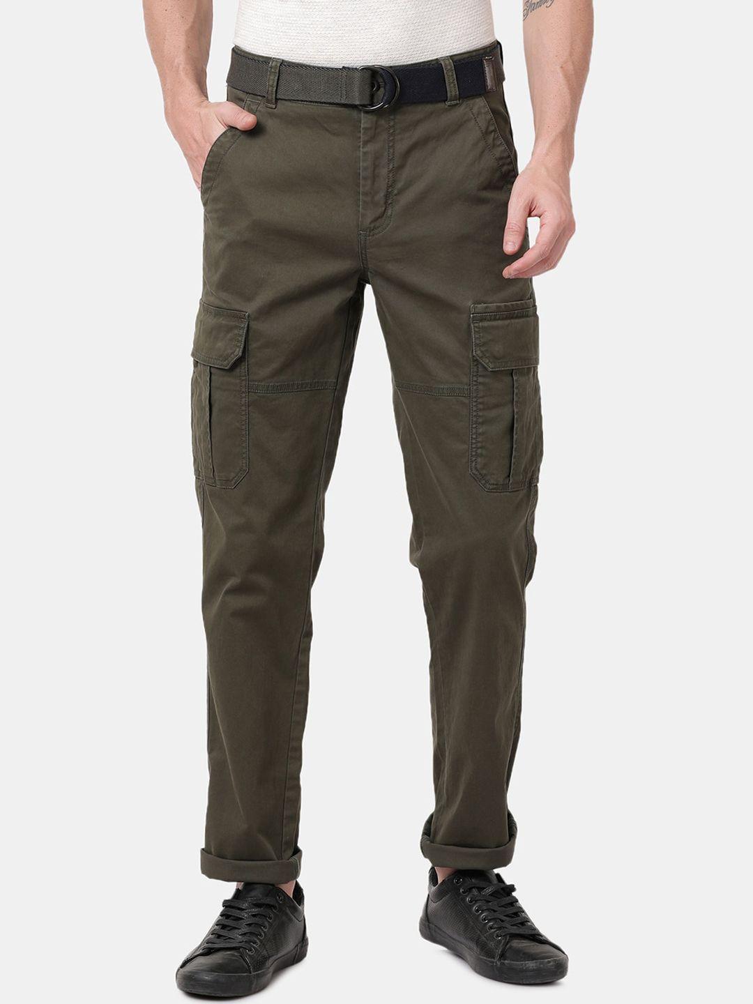 t-base men olive green easy wash cargos trousers