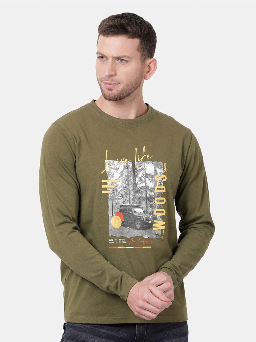 t-base men olive green printed applique t-shirt