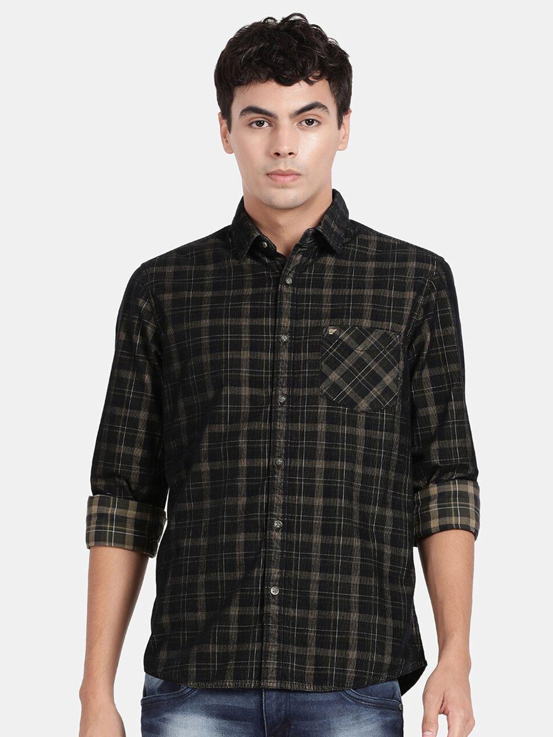 t-base men olive green tartan checks opaque checked casual shirt