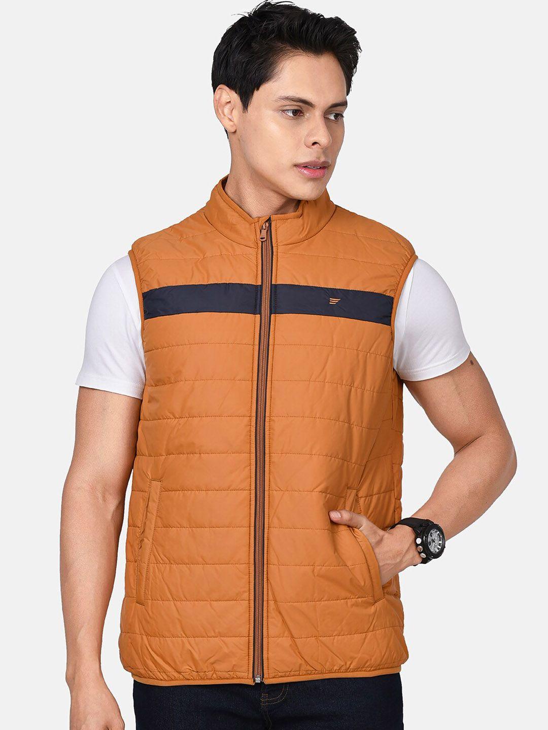 t-base men orange solid windcheater padded jacket