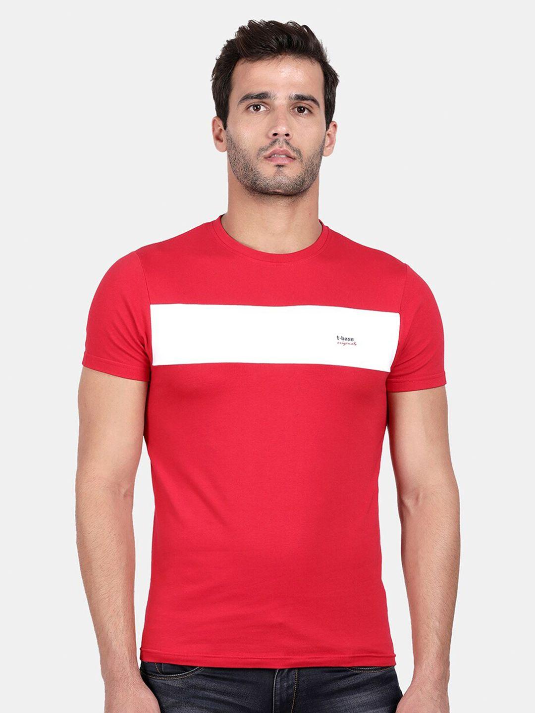t-base men red colourblocked slim fit cotton t-shirt