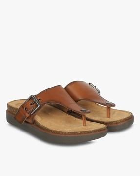 t-strap flat sandals with buckle accent