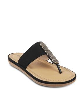 t-strap flat sandals with metal accent