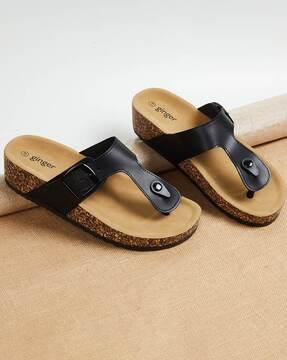 t-strap flip-flops with buckle closure