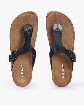 t-strap sandals with buckle accent