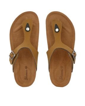 t-strap slip-on sandals with buckle closur