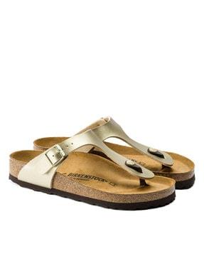 t-strap slip-on sandals with buckle closure