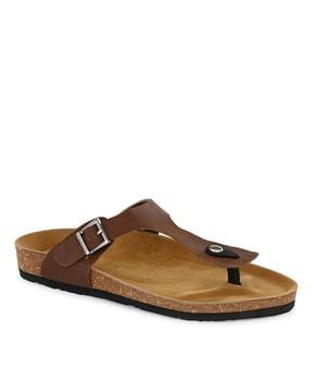 t-strap slip-on sandals with buckle closure