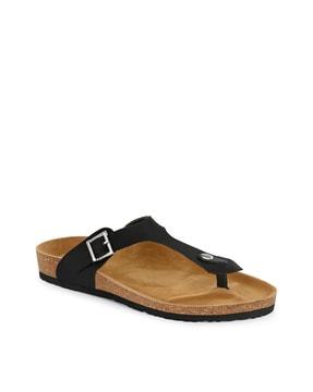 t-strap slip-on sandals with buckle closure