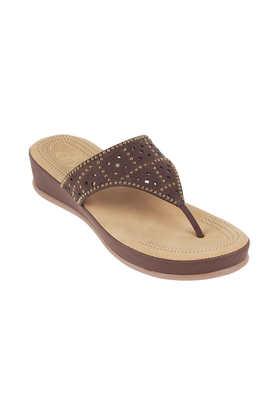 t-strap synthetic slip-on women's casual wear wedges - brown