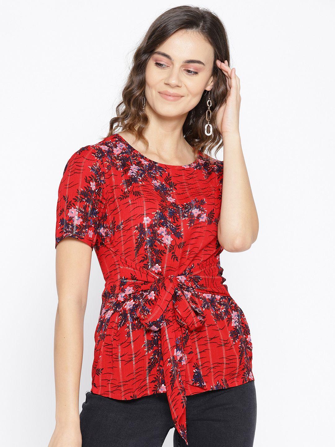 taanz women red & navy printed cinched waist top