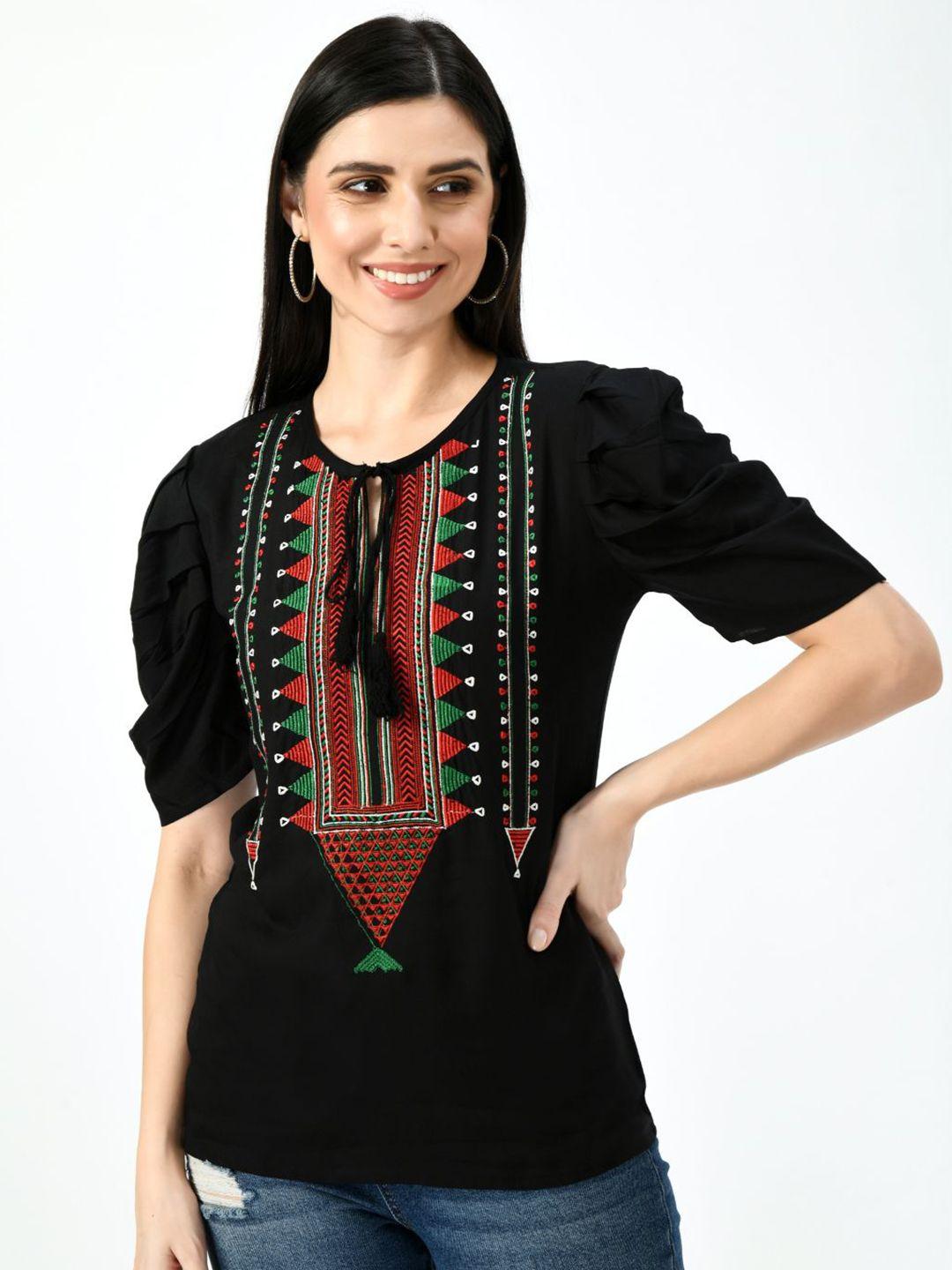 taaraa black geometric embroidered top