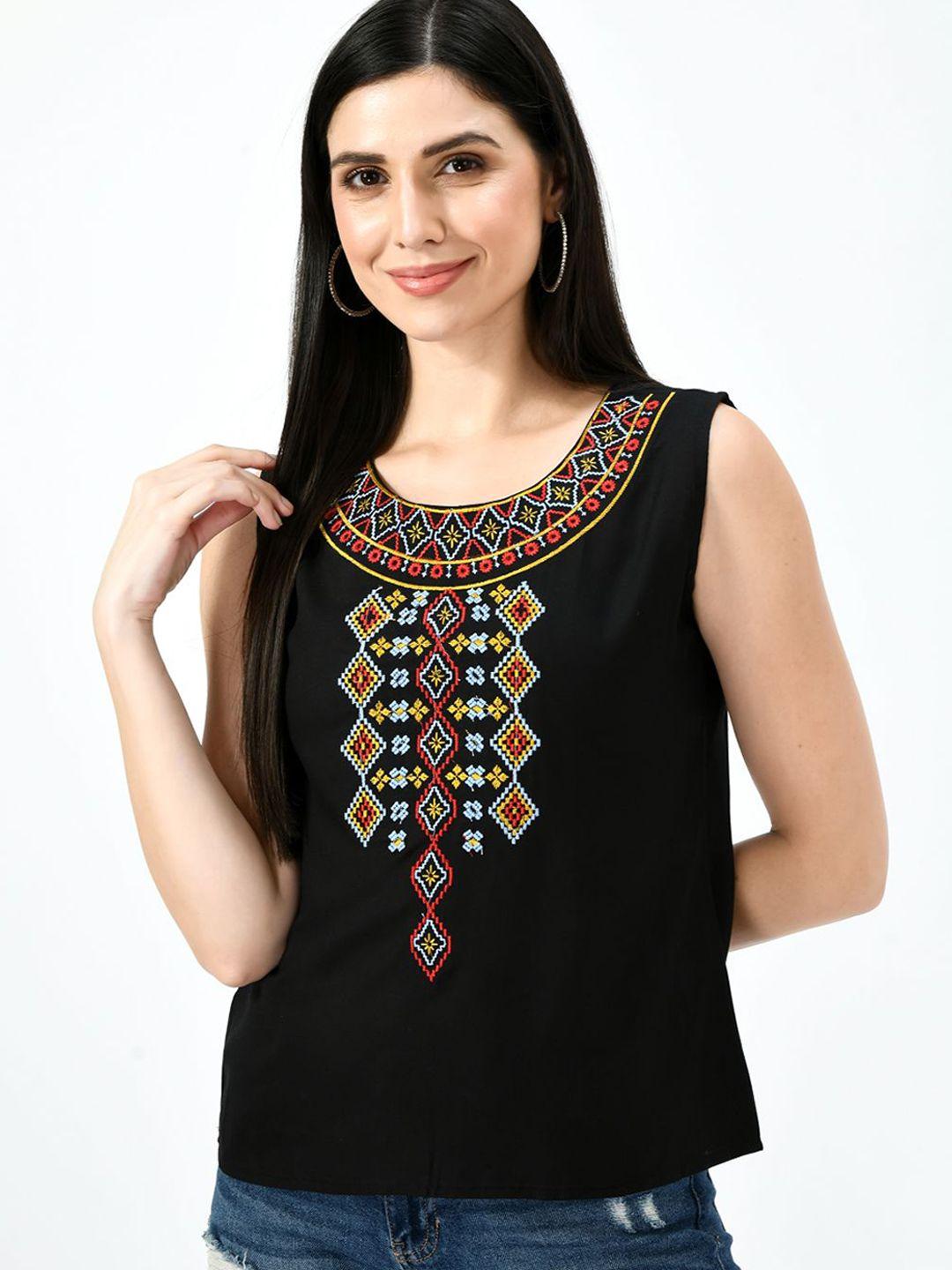 taaraa black geometric embroidered top