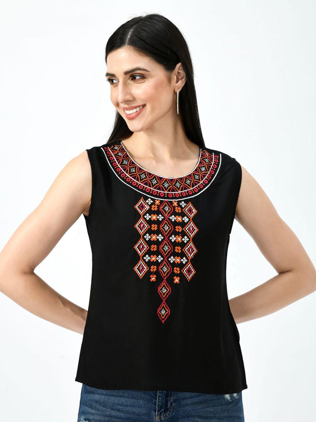 taaraa women red and orange geometric embroidered sleeveless top