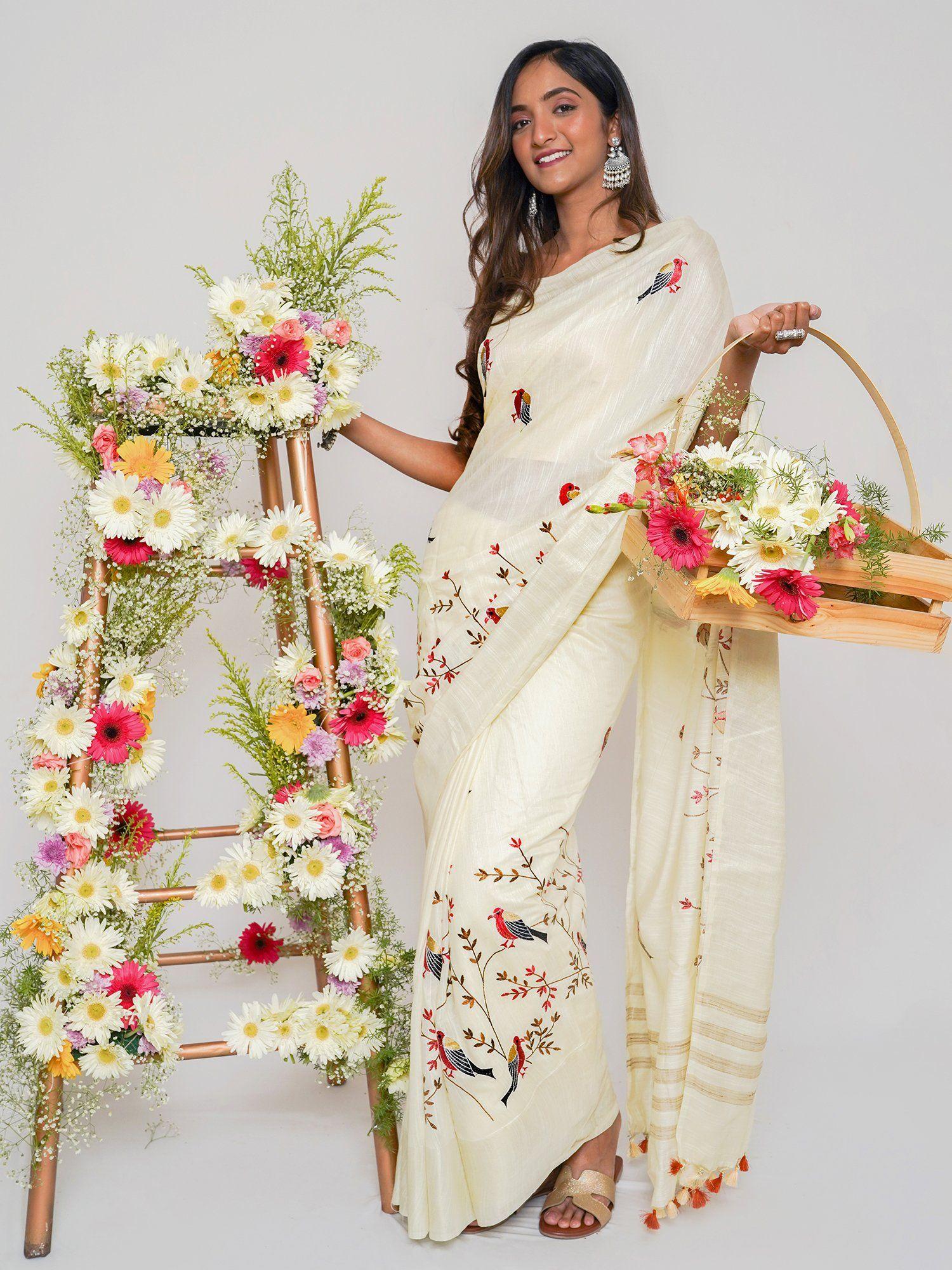 taarakini off white pure silk linen saree with unstitched blouse