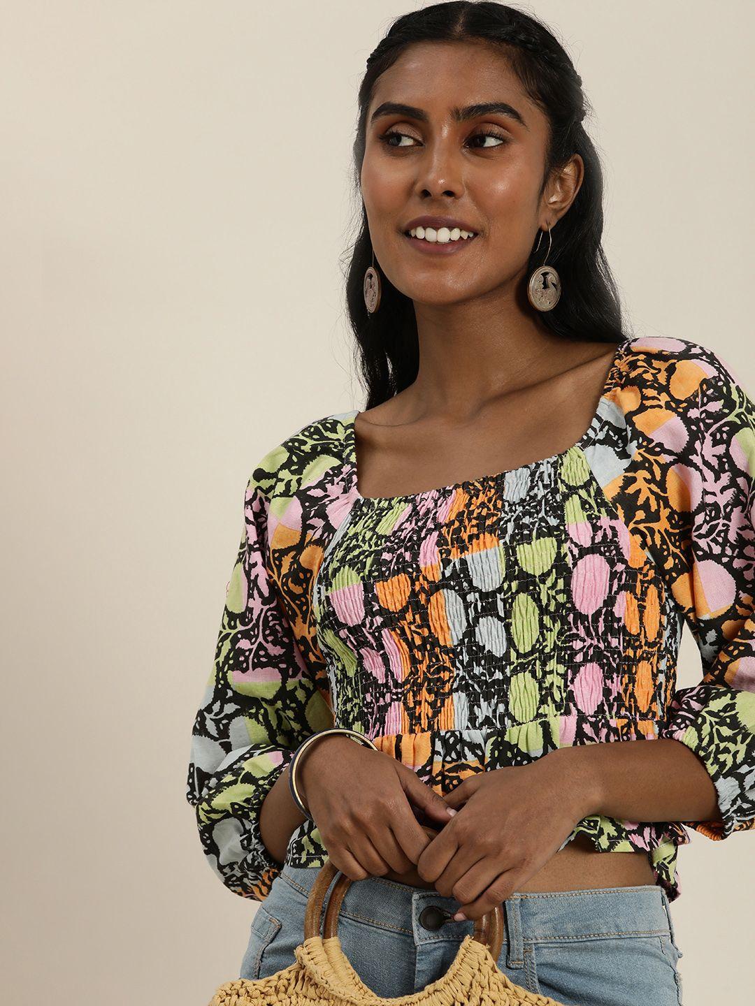 taavi  sanganeri ethnic motifs printed puff sleeve smocked peplum crop top
