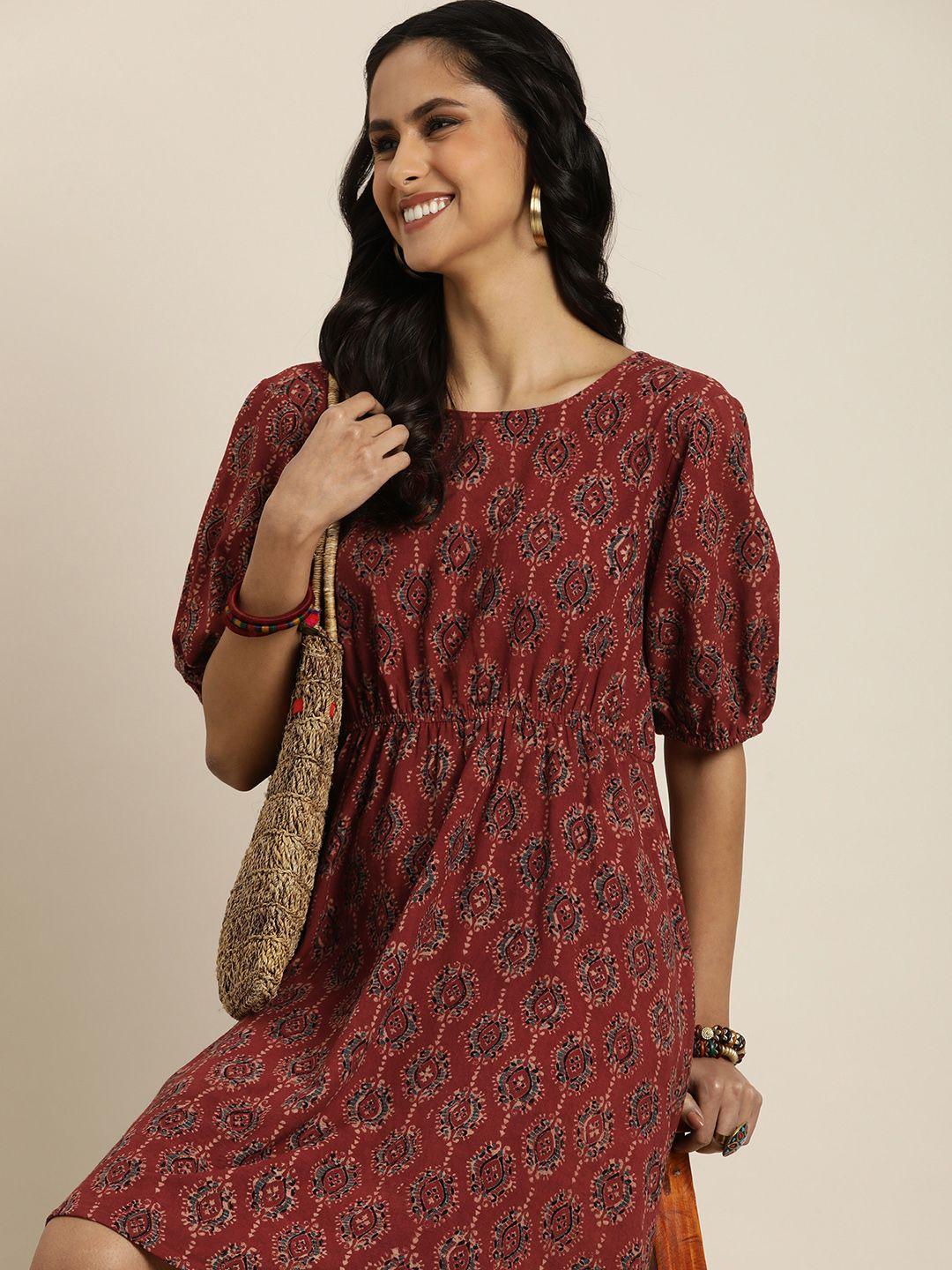 taavi ajrakh round neck ethnic motifs printed fit & flare dress