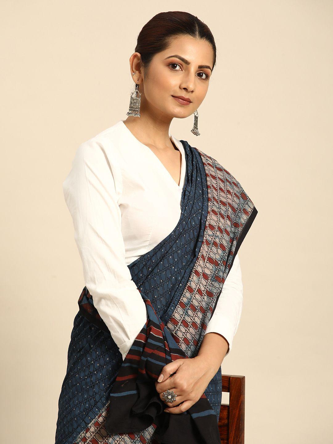 taavi maroon & blue ethnic motifs pure cotton block print saree