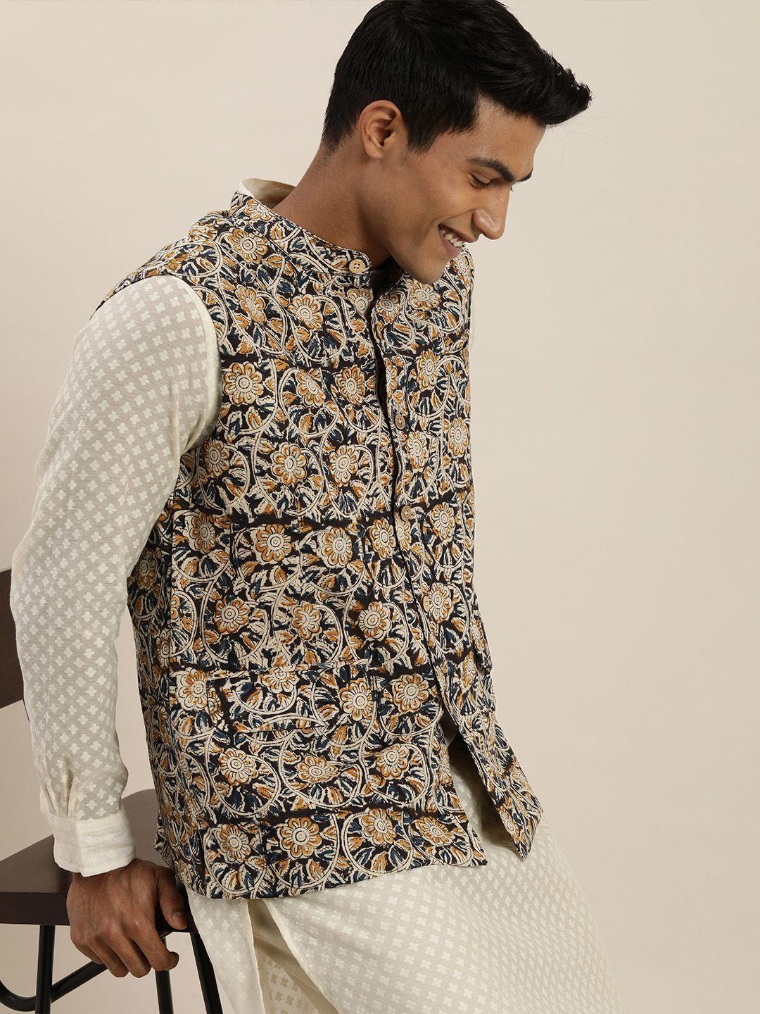 taavi-men-beige-and-mustard-kalamkari-block-print-pure-cotton-nehru-jacket